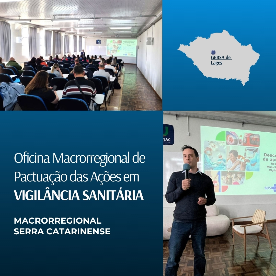 Montagem com fotos da Oficina Macrorregional de Pactuação das Ações em Vigilância Sanitária da Serra Catarinense. No canto superior esquerdo, participantes sentados em auditório assistem a uma apresentação projetada na tela. No canto superior direito, mapa de Santa Catarina destaca a região de Lages com a marcação 'GERSA de Lages'. Na parte inferior direita, um palestrante segura um microfone e fala diante de um slide com imagens de ações de saúde. À esquerda, fundo azul com o título do evento em texto branco.