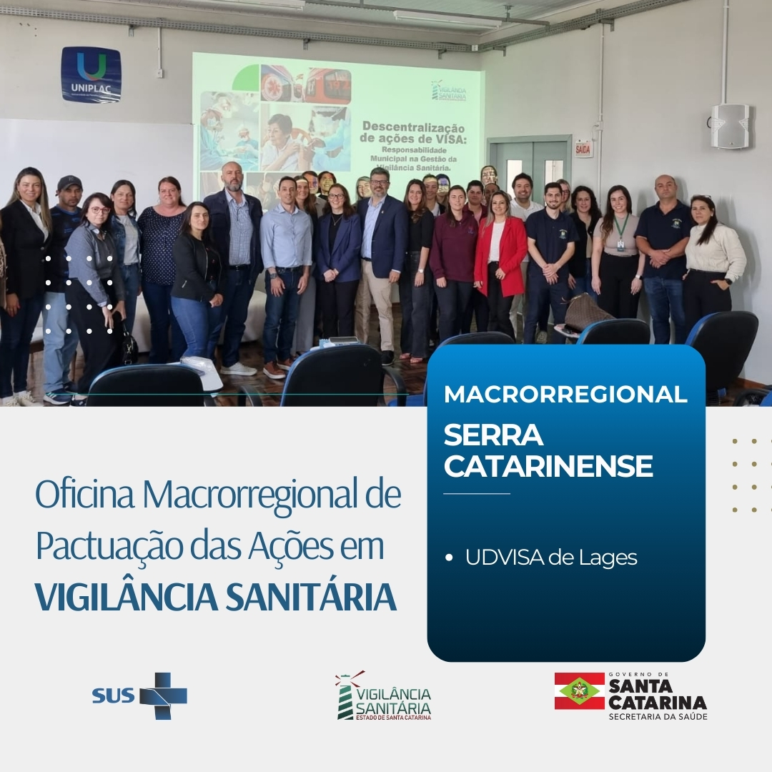 Arte da Oficina Macrorregional de Pactuação das Ações em Vigilância Sanitária da Serra Catarinense, com foto de um grupo de profissionais reunidos em sala de aula na UNIPLAC. Ao lado, destaque para a macrorregional Serra Catarinense e a UDVISA de Lages, acompanhada dos logotipos do SUS, Vigilância Sanitária de Santa Catarina e Secretaria de Estado da Saúde.