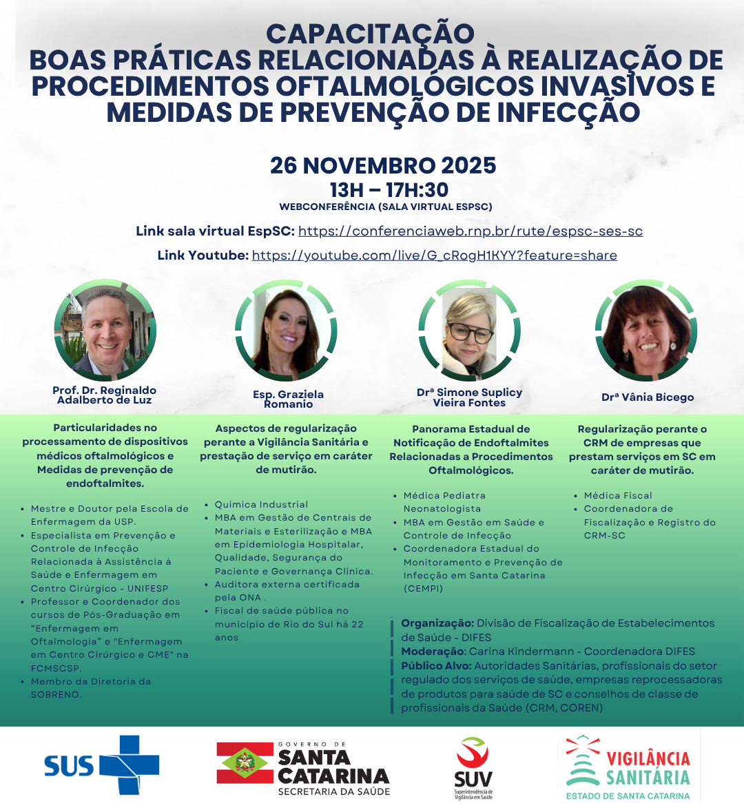 Arte gráfica da capacitação Boas práticas relacionadas à realização de procedimentos oftalmológicos invasivos e medidas de prevenção de infecção, com data de realização em 26 de novembro de 2025, das 13h às 17h30, em formato de webconferência. A imagem traz os palestrantes Prof. Dr. Reginaldo Adalberto de Luz, Esp. Graziela Romanio, Drª Simone Suplicy Vieira Fontes e Drª Vânia Bicego, com breve descrição de seus temas e currículos. Na parte inferior, constam os logotipos do SUS, Governo de Santa Catarina, SUV/SES/SC e Vigilância Sanitária.