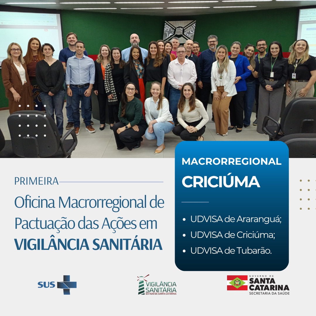 Arte da Primeira Oficina Macrorregional de Pactuação das Ações em Vigilância Sanitária, realizada na macrorregião de Criciúma. A imagem mostra um grupo de participantes posando em uma sala de reuniões, com fundo verde e mesas de trabalho. O texto destaca as UDVISAs de Araranguá, Criciúma e Tubarão, e na parte inferior aparecem os logotipos do SUS, Vigilância Sanitária de Santa Catarina e Governo do Estado de Santa Catarina.