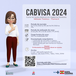 Inscrições para o Curso de Ações Básicas em Vigilância Sanitária - CABVISA 2024 -Turma II